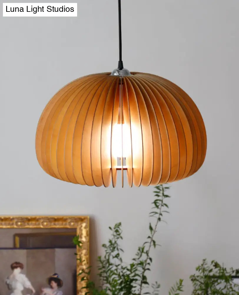 Basswood Pumpkin Pendant Light - Modern Wooden Hanging Lamp