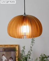 Basswood Pumpkin Pendant Light - Modern Wooden Hanging Lamp