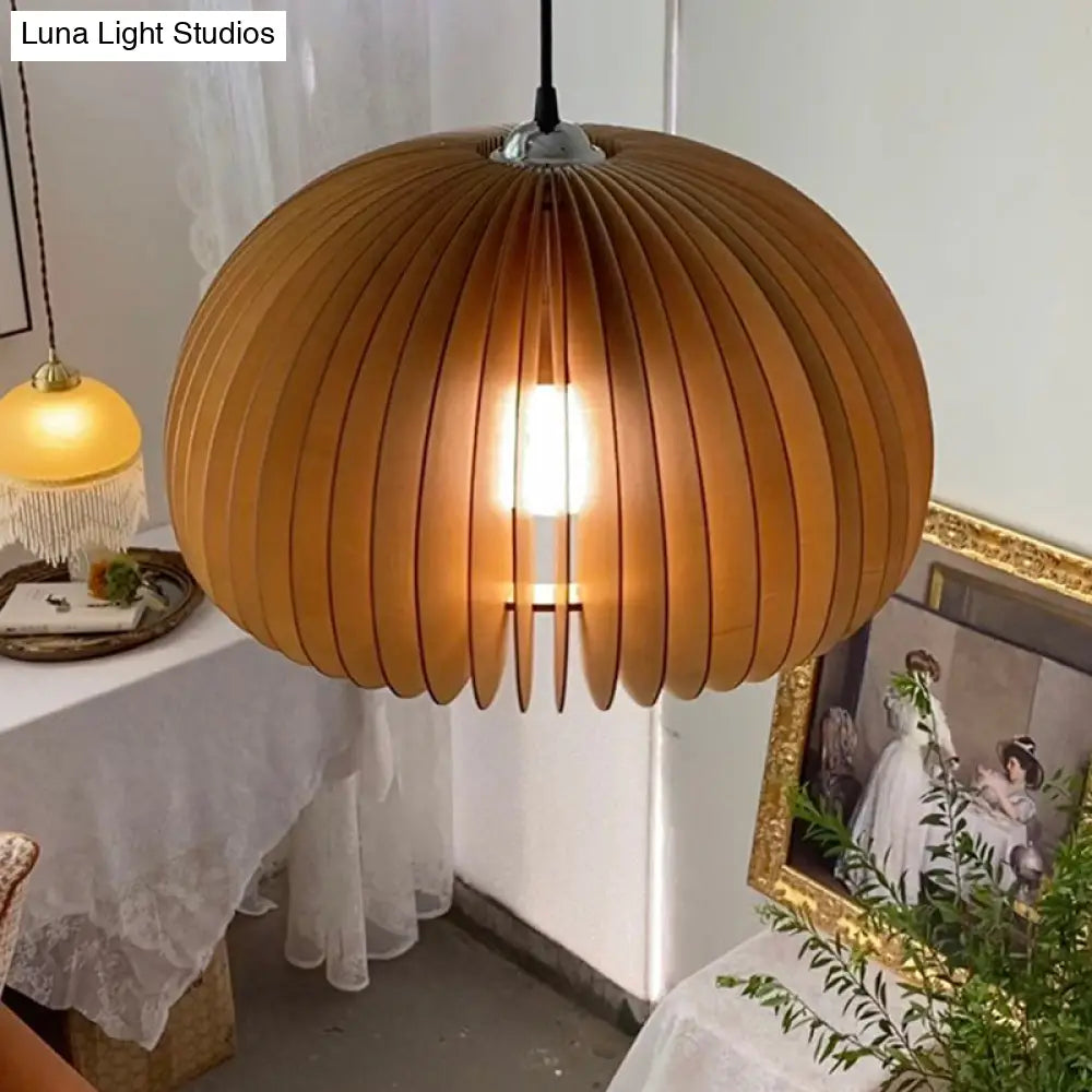 Basswood Pumpkin Pendant Light - Modern Wooden Hanging Lamp