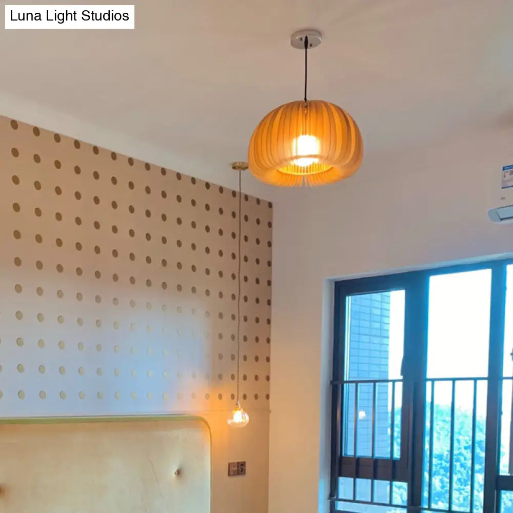 Basswood Pumpkin Pendant Light - Modern Wooden Hanging Lamp
