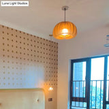 Basswood Pumpkin Pendant Light - Modern Wooden Hanging Lamp