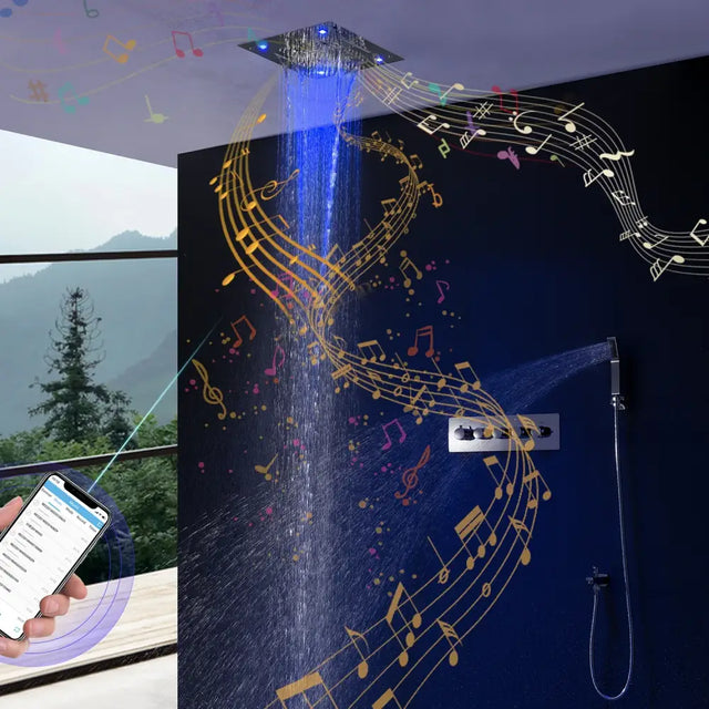 Bathroom Accessories 16inch 40cm Music Shower Head Panel Set SPA Massage Thermostatic Valve Mixer Kit Tap Faucet shower