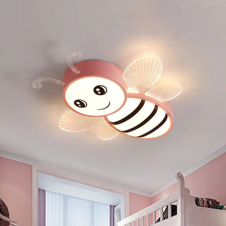 Bee Flush Mount Led Ceiling Lamp For Kids’ Bedroom - Pink/Yellow/Blue Plastic Fixture Pink