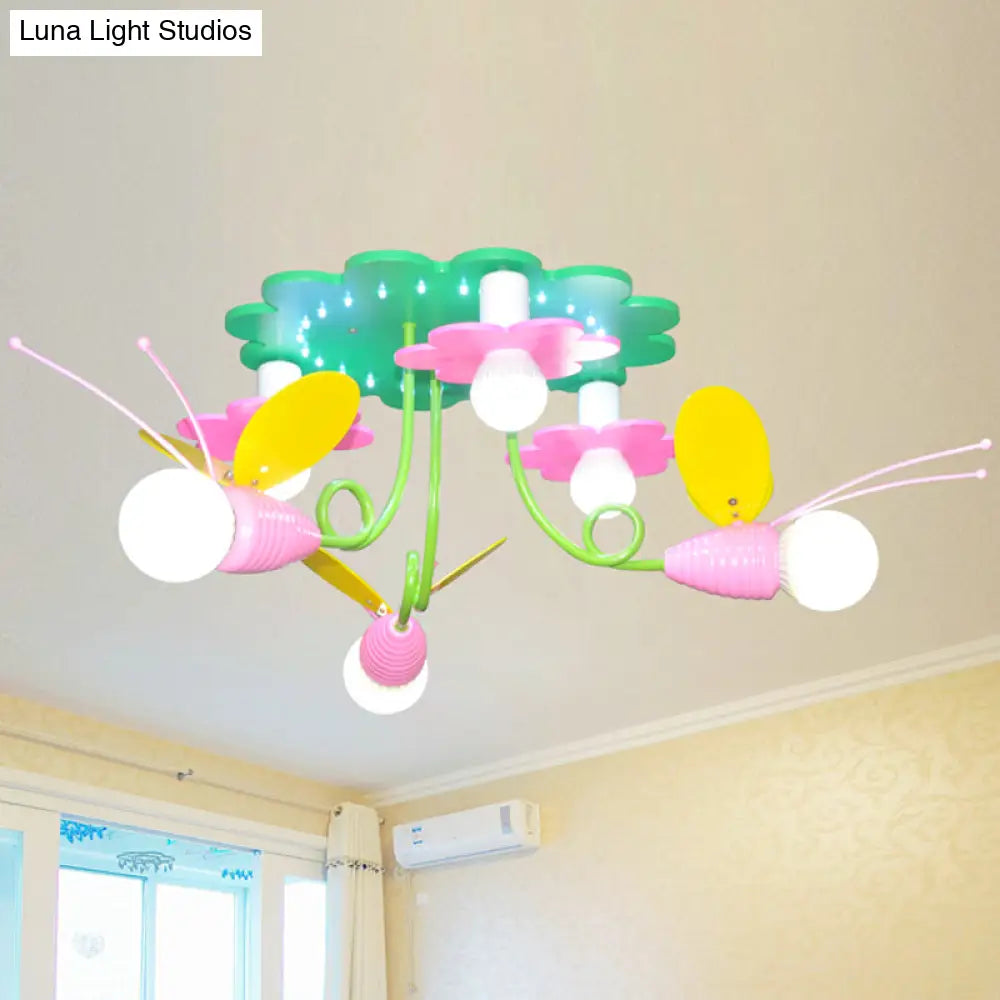 Bee-Inspired Wood Semi Flush Ceiling Lamp With 6 Green And Pink Cartoon-Style Heads