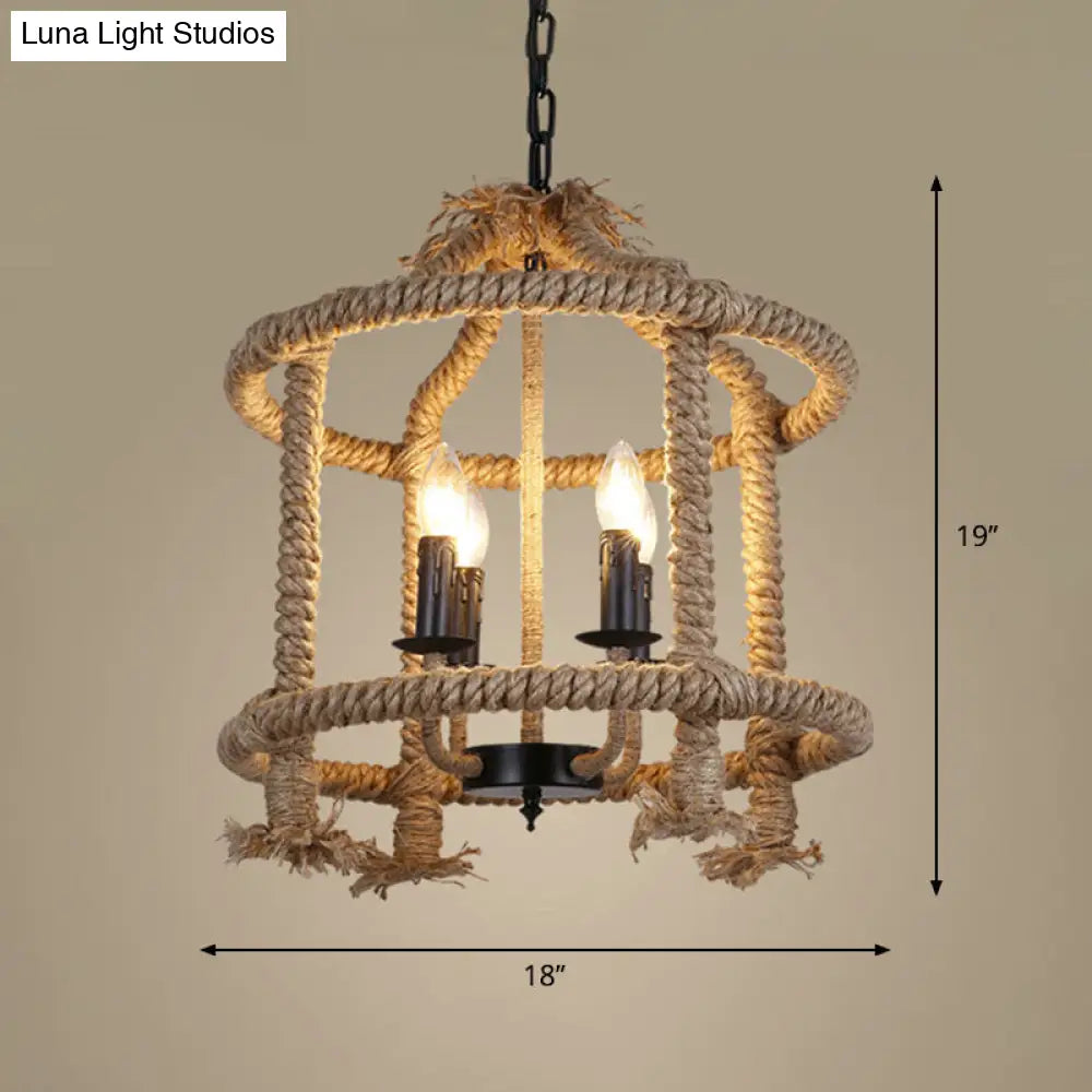 Beige 4-Light Chandelier: Traditional Rope Cylinder Pendant Lamp For Dining Room