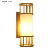 Beige Asian Wall Sconce With Wooden Shade - Single Bulb Cylinder Lighting