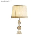 Beige Barrel Table Light: Traditional Pleated Fabric Lamp With Crystal And 1-Bulb For Drawing Room