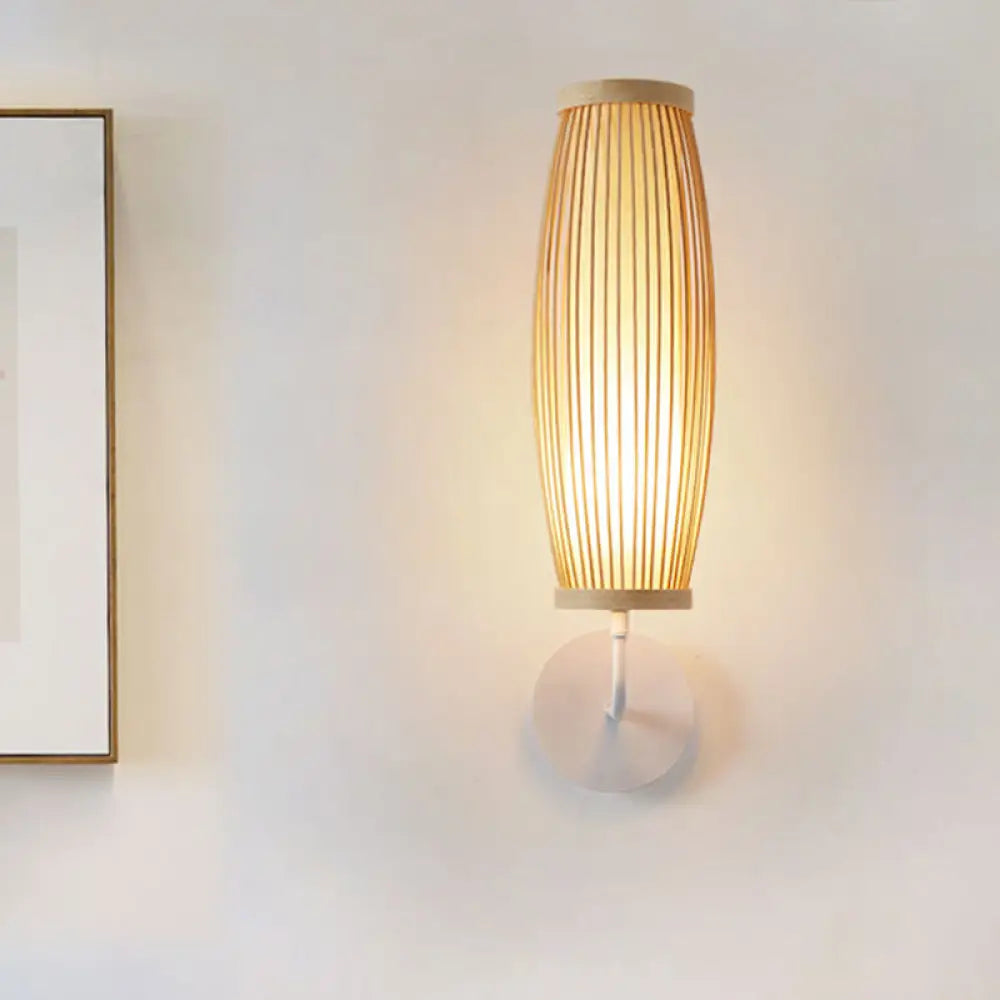 Beige Ellipsoid Wall Lamp Sconce: Asian Style Bamboo Lighting For Bedroom