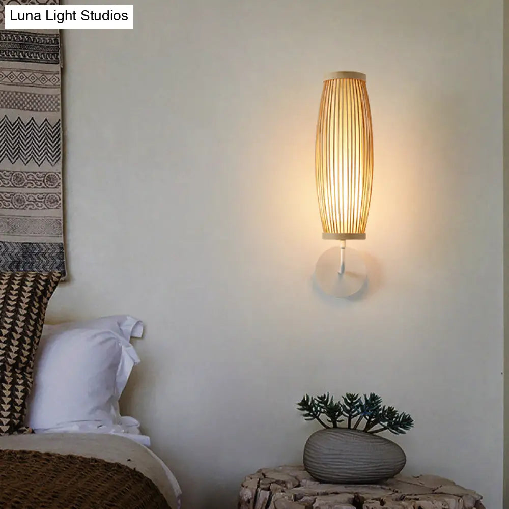 Beige Ellipsoid Wall Lamp Sconce: Asian Style Bamboo Lighting For Bedroom
