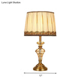 Beige Fabric Table Lamp - Minimalist Tapered Drum Design With Crystal Base