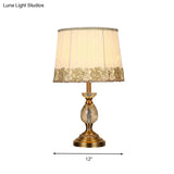 Beige Fabric Table Lamp - Minimalist Tapered Drum Design With Crystal Base