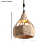 Beige Farmhouse Ceiling Light With Rope Detail - 1-Bulb Pendant Lamp For Coffee Shops 8’ Or 15’ Wide