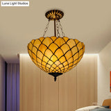 Beige Glass Semi Flush Light With Baroque Style Domed Shade - Ceiling Mounted Fixture