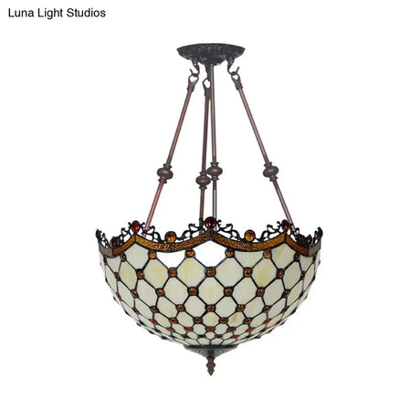 Beige Glass Semi Flush Tiffany Style Ceiling Mount With Beaded Accents - 16’/18’ Wide 2-Light