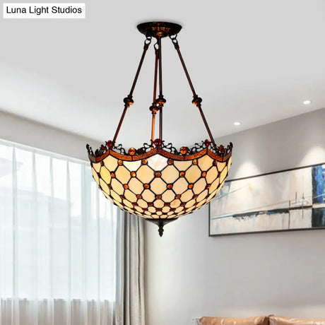 Beige Glass Semi Flush Tiffany Style Ceiling Mount With Beaded Accents - 16’/18’ Wide 2-Light