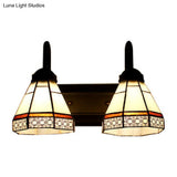 Beige Glass Tiffany Sconce With Conical Shade - Wall Mounted 2-Headed Black Light Fixture