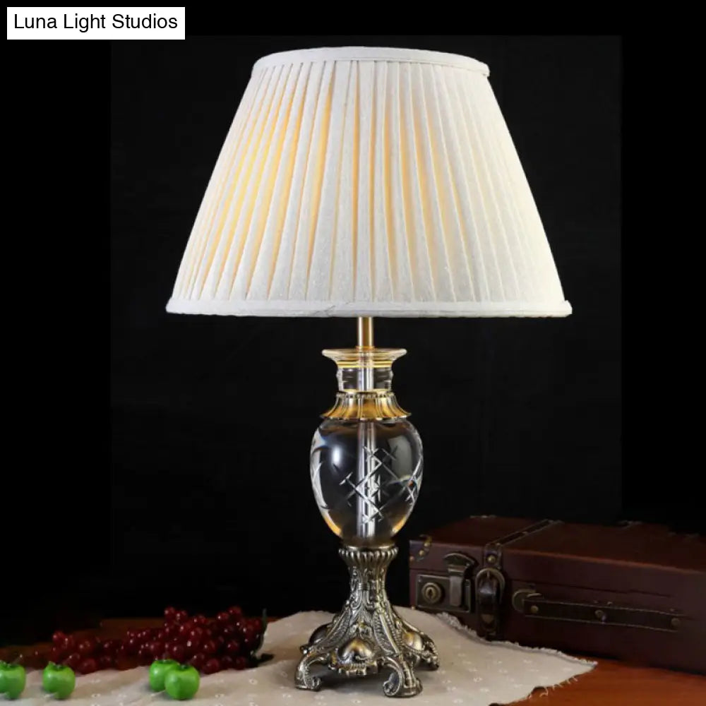Beige Lodge Table Lamp With Clear Crystal Pleated Shade - Nightstand Light For Bedroom