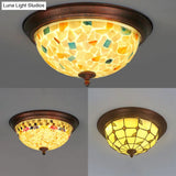 Beige Round Flushmount Lodge Stained Glass Ceiling Light Fixture With Floral/Geometric Elements