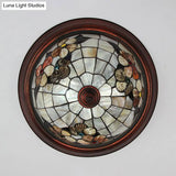 Beige Round Flushmount Lodge Stained Glass Ceiling Light Fixture With Floral/Geometric Elements