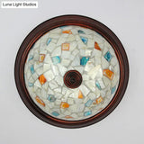 Beige Round Flushmount Lodge Stained Glass Ceiling Light Fixture With Floral/Geometric Elements