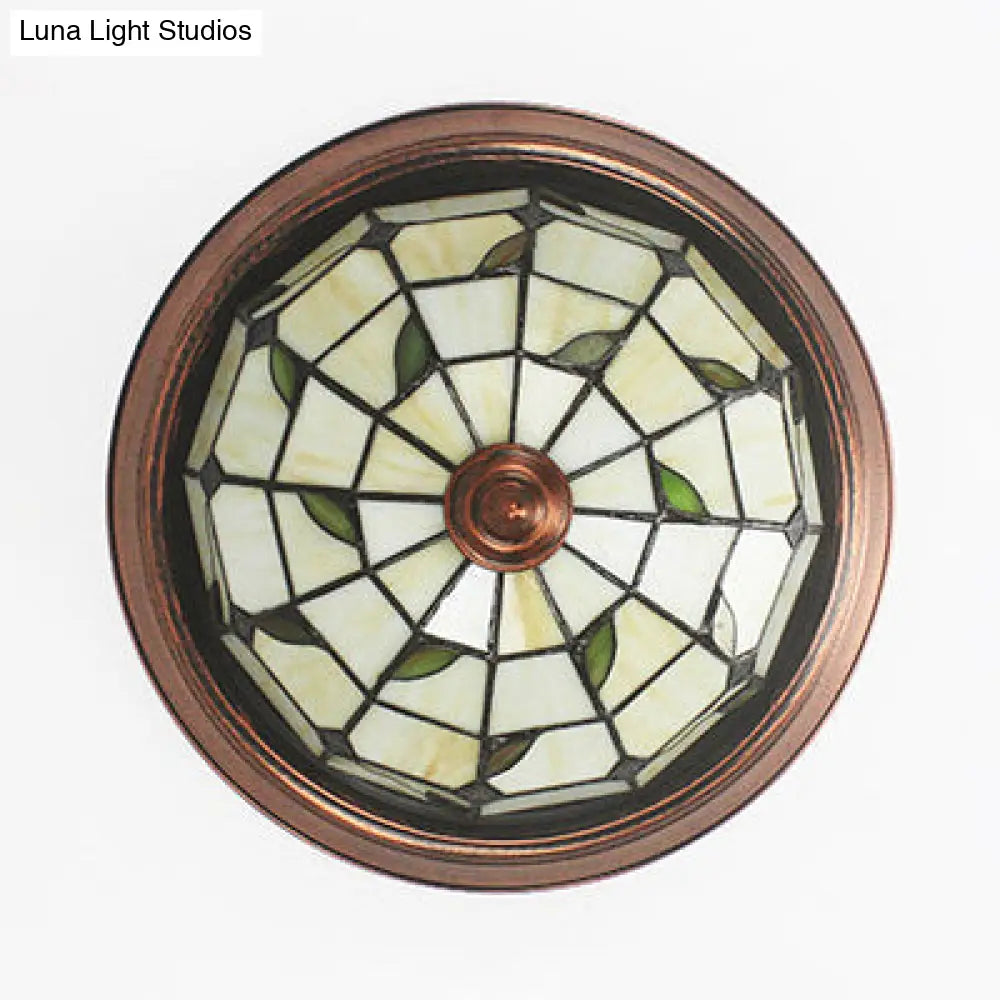 Beige Round Flushmount Lodge Stained Glass Ceiling Light Fixture With Floral/Geometric Elements