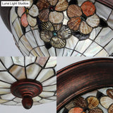 Beige Round Flushmount Lodge Stained Glass Ceiling Light Fixture With Floral/Geometric Elements