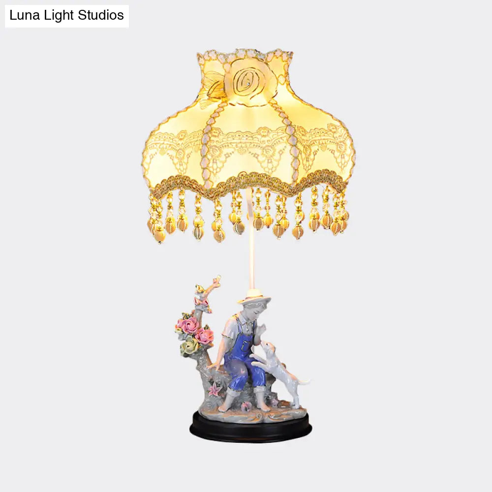 Beige Ruffle Edge Nightstand Lamp - Pastoral 1-Light Fabric Night Light With Ceramic Boy And Dog