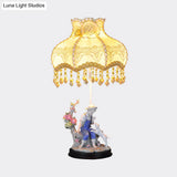 Beige Ruffle Edge Nightstand Lamp - Pastoral 1-Light Fabric Night Light With Ceramic Boy And Dog