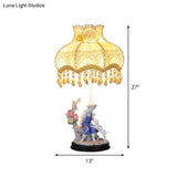 Beige Ruffle Edge Nightstand Lamp - Pastoral 1-Light Fabric Night Light With Ceramic Boy And Dog