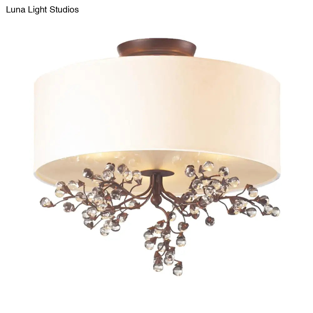 Beige Semi Flush Crystal Drum Ceiling Light Fixture - Traditional Design For Living Room