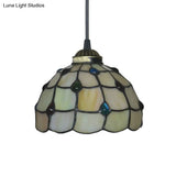 Beige Stained Glass Pendant Lamp With Beaded Detailing - Tiffany Hanging Light Kit For Study