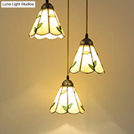 Beige Tiffany Stained Glass Suspension Lighting - 3-Bulb Cluster Pendant For Dining Room