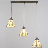 Beige Tiffany Stained Glass Suspension Lighting - 3-Bulb Cluster Pendant For Dining Room / Linear