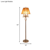 Beige Traditional Fabric Standing Floor Lamp With 3 Lights Tapered Shade And Dangling Crystal