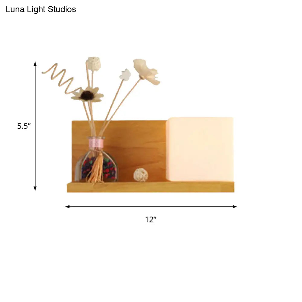 Beige Wall Lamp With Modern Cube Shade - Bedroom Sconce Light