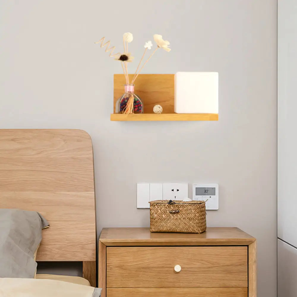 Beige Wall Lamp With Modern Cube Shade - Bedroom Sconce Light Wood / Right