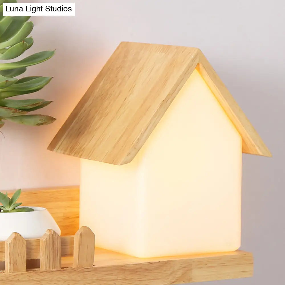 Beige Wooden Sconce Light With Shelf - Small House Wall For Kid Bedroom