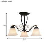 Bell Rustic Opal Glass Ceiling Light Fixture - Semi Flush Mount 3 Heads Black For Bedroom