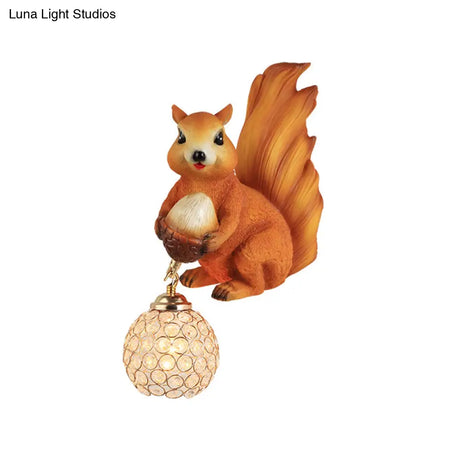 Beveled Clear Crystal Wall Sconce With Squirrel Decor In Gold/Brown
