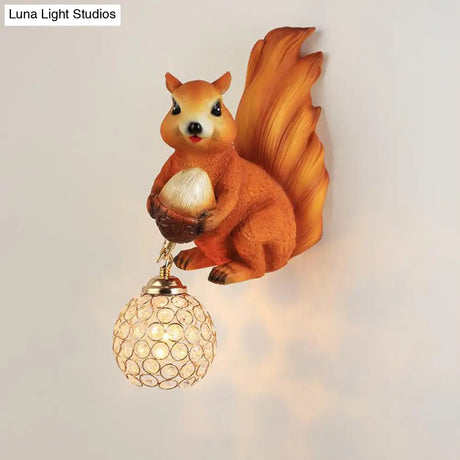Beveled Clear Crystal Wall Sconce With Squirrel Decor In Gold/Brown