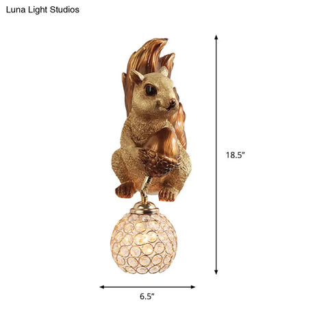 Beveled Clear Crystal Wall Sconce With Squirrel Decor In Gold/Brown