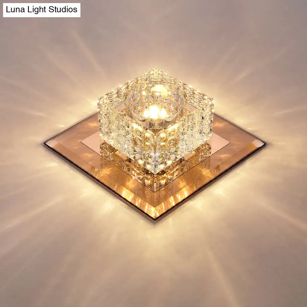 Beveled Crystal Led Flush Mount Ceiling Light Fixture - Simplicity Cubic Design For Corridors