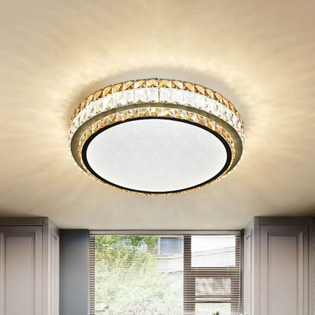 Beveled Cut Crystal White Led Flushmount Ceiling Light Fixture - Simplicity Round Design