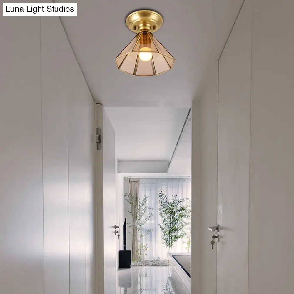 Beveled Glass Flush Mount Ceiling Light With Colonial Brass Cone Design