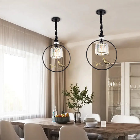 Bird-Enhanced Cylinder Crystal Pendant Light: Farmhouse Dining Room Lamp With Decorative Ring - 1