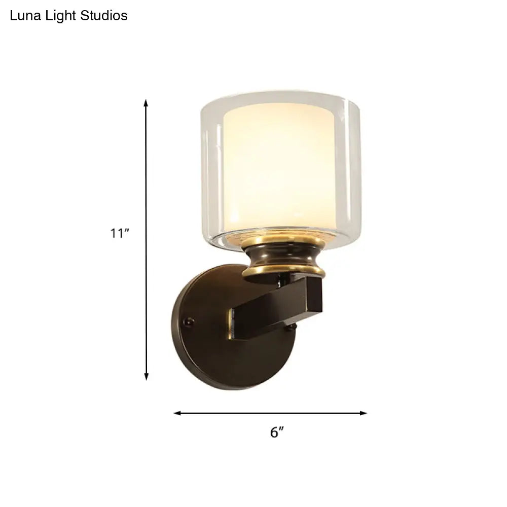 Black 1-Light Wall Sconce - Traditional Metal Cylinder With Double-Tier Glass Shade For Bedroom