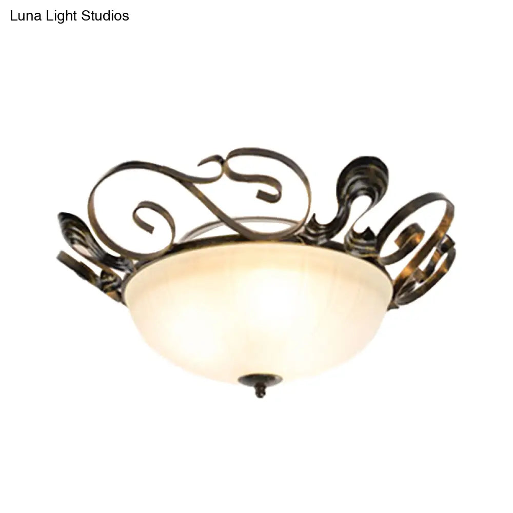 Black 3-Light Classic Ceiling Fixture With White Glass Bowl - Ideal For Living Room Flush Lighting