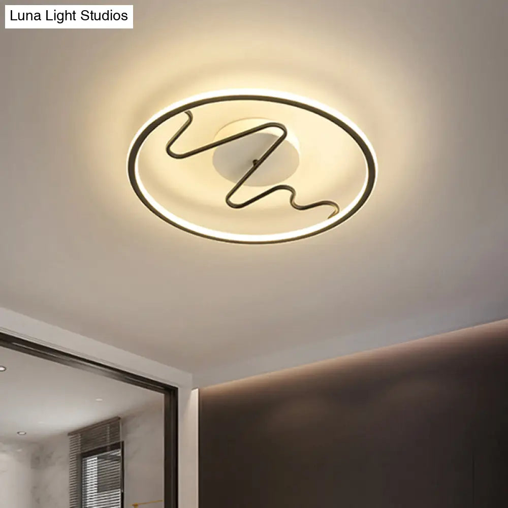 Black Acrylic Led Bedroom Flush Mount Lamp With Modern Ring And Spiral Line Design