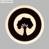 Black Acrylic Round Led Flush Wall Sconce With Tree Pattern - Modern And Elegant