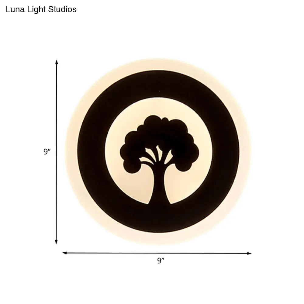 Black Acrylic Round Led Flush Wall Sconce With Tree Pattern - Modern And Elegant